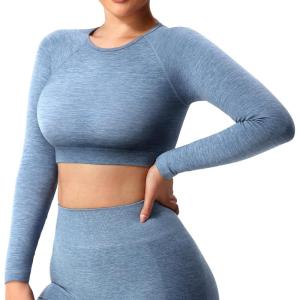 imageYEOREO Seamless Long Sleeve Crop Gym Shirts for Women Workout Yoga Tops Women ShirtFrench Blue