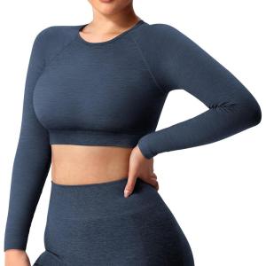 imageYEOREO Seamless Long Sleeve Crop Gym Shirts for Women Workout Yoga Tops Women ShirtTuxedo Blue
