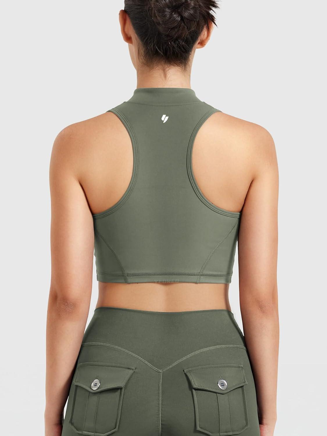 imageYEOREO CoreFlex Women Zipper Tank Top Workout Racerback Sleeveless Gym Fitted Collar Top Mock Pocket Crop Fitness Summer VestArmy Green