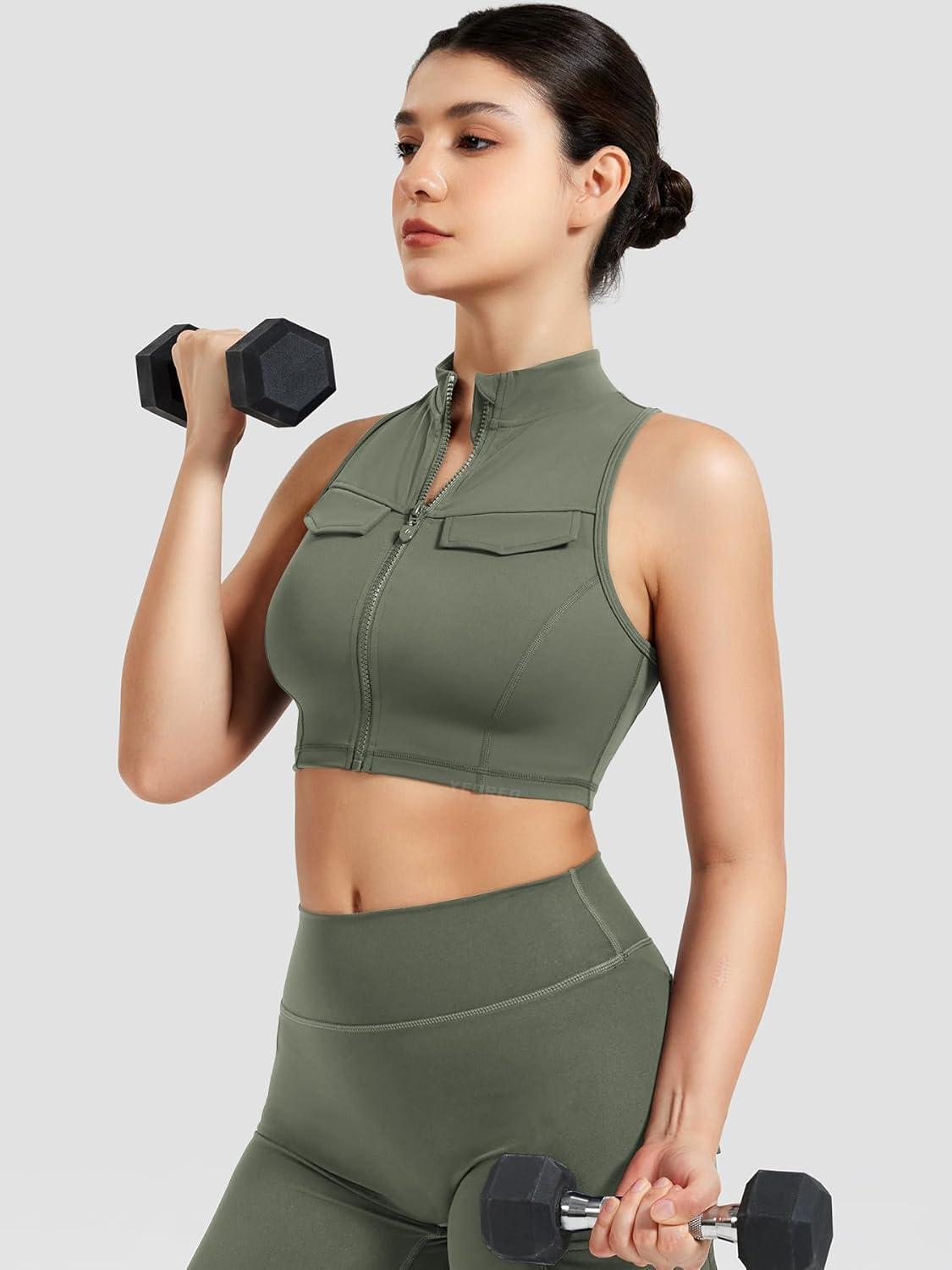 imageYEOREO CoreFlex Women Zipper Tank Top Workout Racerback Sleeveless Gym Fitted Collar Top Mock Pocket Crop Fitness Summer VestArmy Green