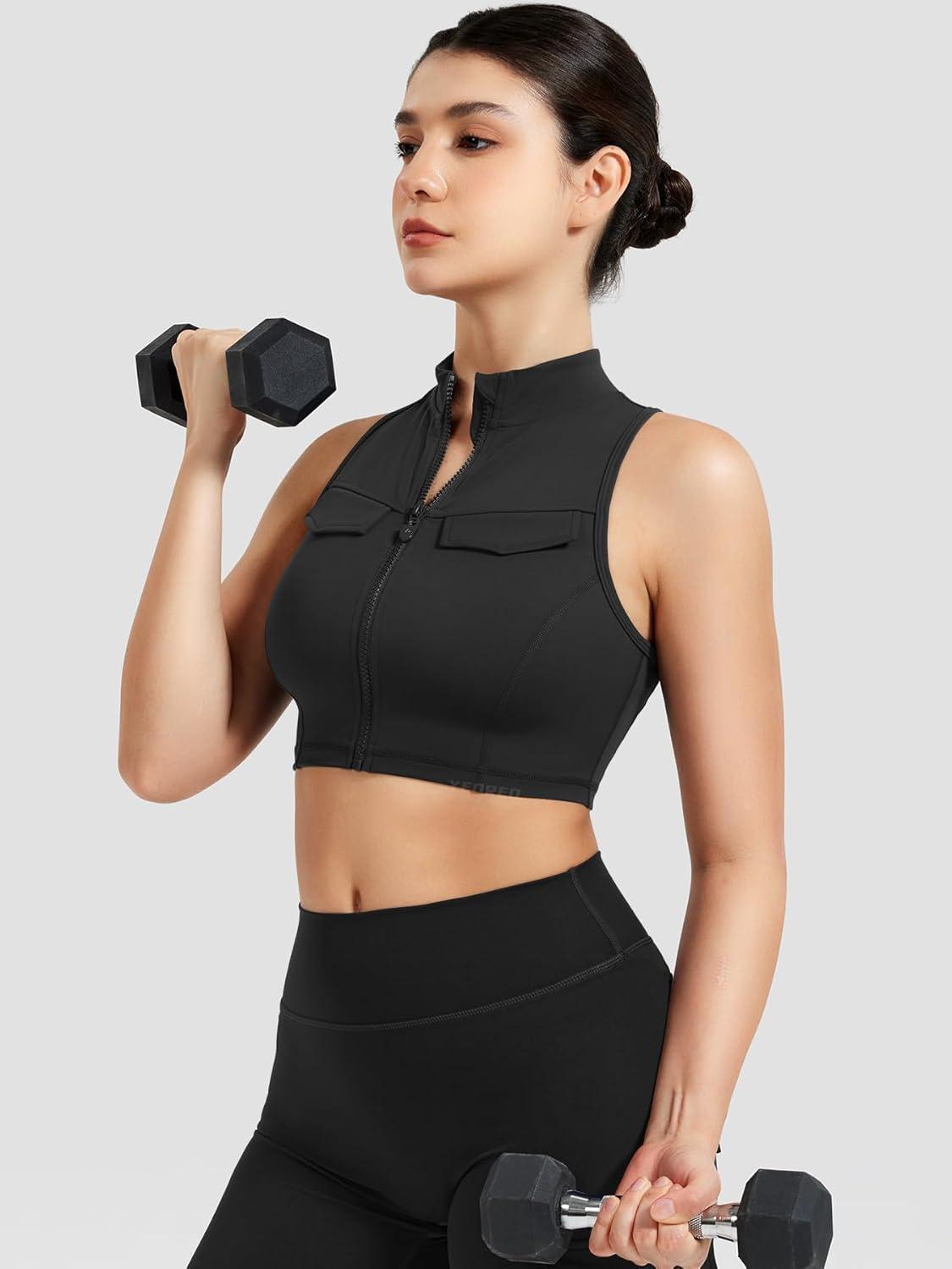 imageYEOREO CoreFlex Women Zipper Tank Top Workout Racerback Sleeveless Gym Fitted Collar Top Mock Pocket Crop Fitness Summer VestBlack