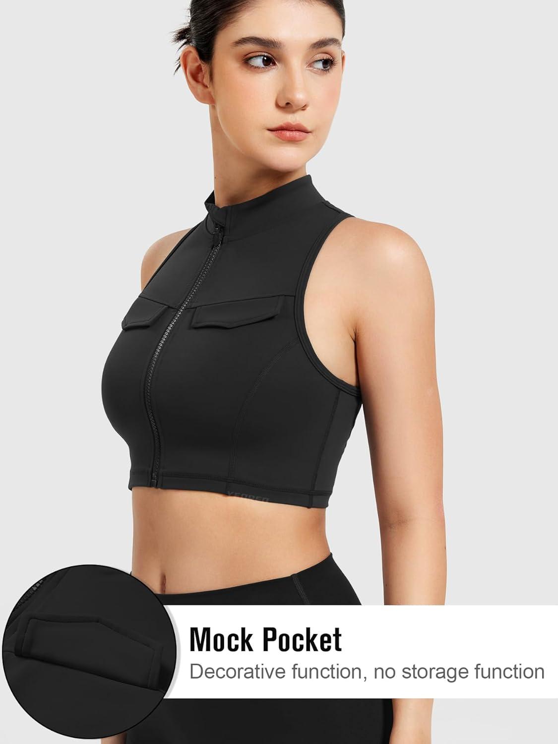 imageYEOREO CoreFlex Women Zipper Tank Top Workout Racerback Sleeveless Gym Fitted Collar Top Mock Pocket Crop Fitness Summer VestBlack