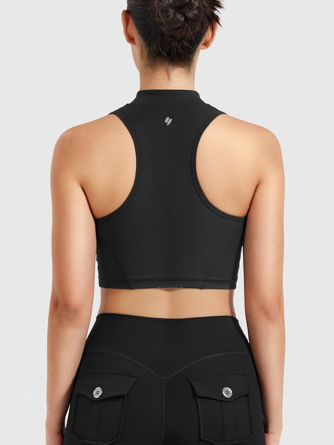 imageYEOREO CoreFlex Women Zipper Tank Top Workout Racerback Sleeveless Gym Fitted Collar Top Mock Pocket Crop Fitness Summer VestBlack