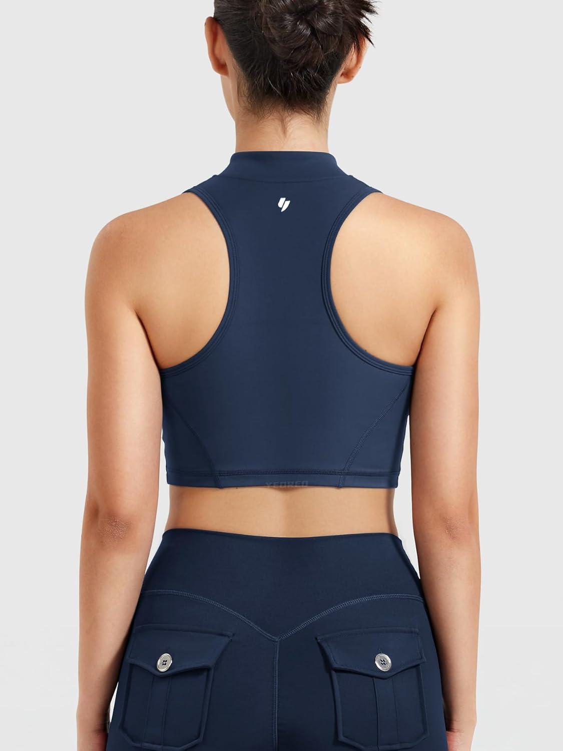imageYEOREO CoreFlex Women Zipper Tank Top Workout Racerback Sleeveless Gym Fitted Collar Top Mock Pocket Crop Fitness Summer VestDeep Blue
