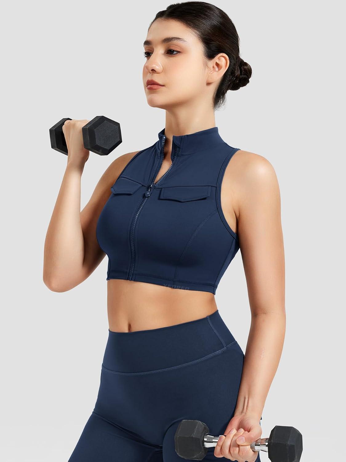 imageYEOREO CoreFlex Women Zipper Tank Top Workout Racerback Sleeveless Gym Fitted Collar Top Mock Pocket Crop Fitness Summer VestDeep Blue