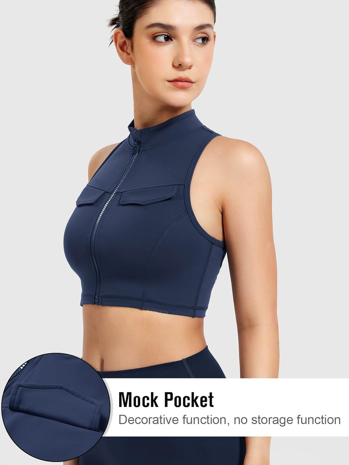 imageYEOREO CoreFlex Women Zipper Tank Top Workout Racerback Sleeveless Gym Fitted Collar Top Mock Pocket Crop Fitness Summer VestDeep Blue