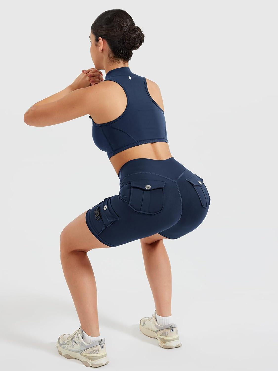 imageYEOREO CoreFlex Women Zipper Tank Top Workout Racerback Sleeveless Gym Fitted Collar Top Mock Pocket Crop Fitness Summer VestDeep Blue