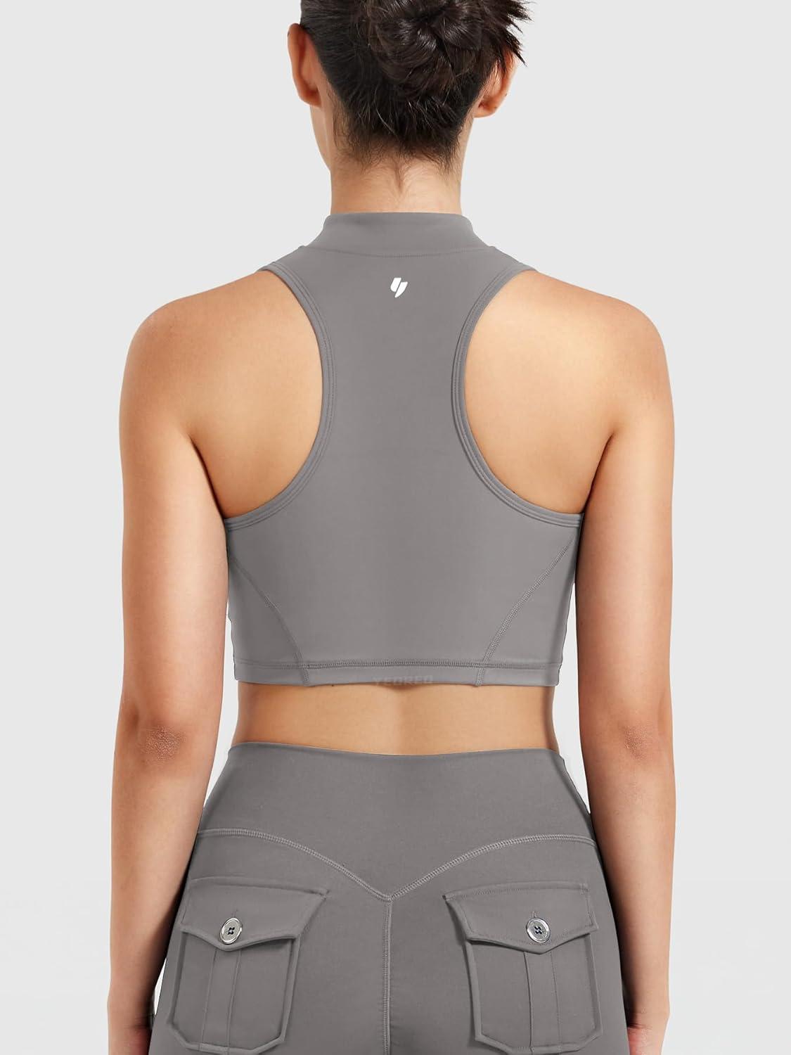 imageYEOREO CoreFlex Women Zipper Tank Top Workout Racerback Sleeveless Gym Fitted Collar Top Mock Pocket Crop Fitness Summer VestGrey