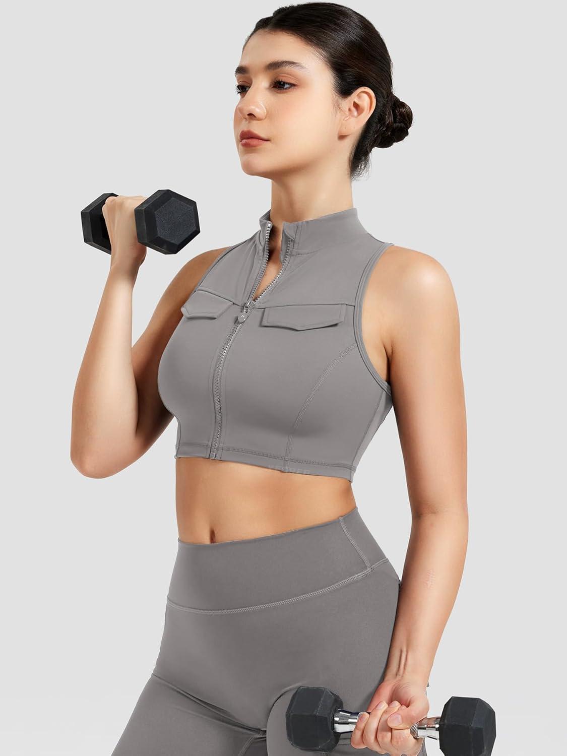 imageYEOREO CoreFlex Women Zipper Tank Top Workout Racerback Sleeveless Gym Fitted Collar Top Mock Pocket Crop Fitness Summer VestGrey