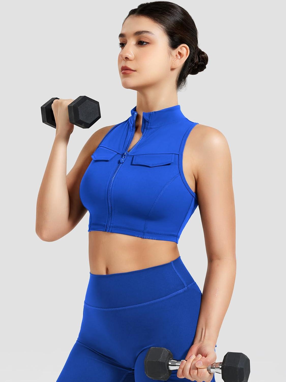 imageYEOREO CoreFlex Women Zipper Tank Top Workout Racerback Sleeveless Gym Fitted Collar Top Mock Pocket Crop Fitness Summer VestKlein Blue