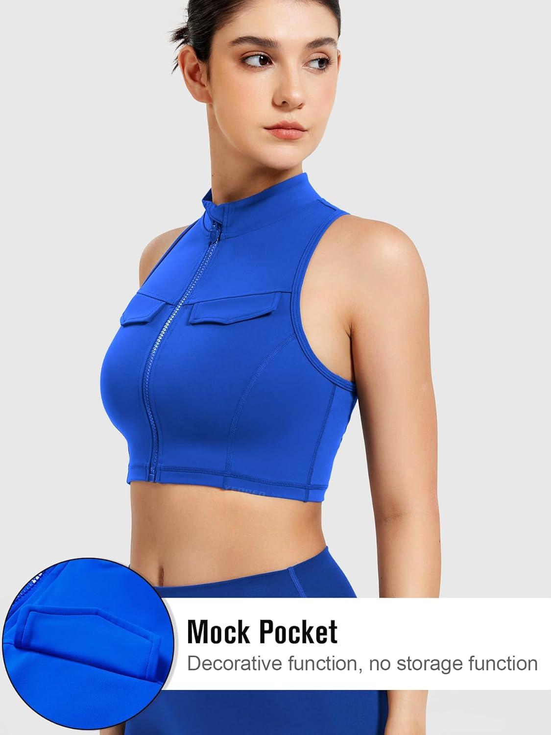 imageYEOREO CoreFlex Women Zipper Tank Top Workout Racerback Sleeveless Gym Fitted Collar Top Mock Pocket Crop Fitness Summer VestKlein Blue