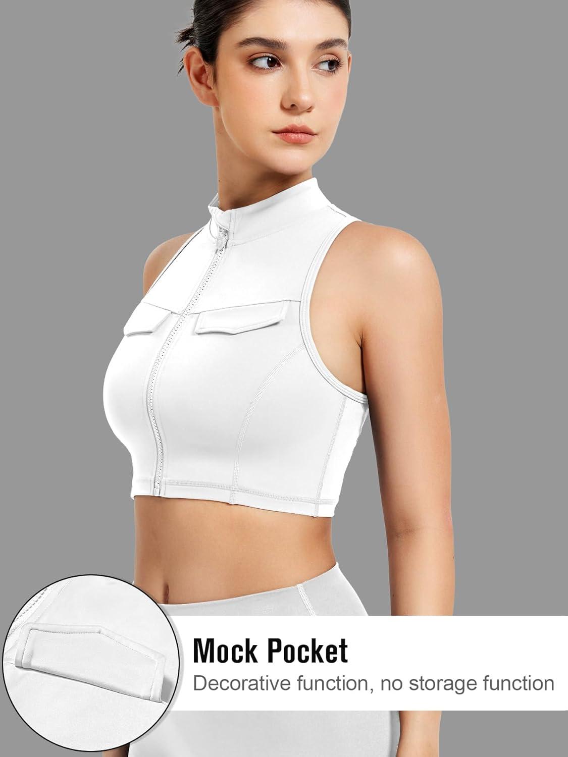 imageYEOREO CoreFlex Women Zipper Tank Top Workout Racerback Sleeveless Gym Fitted Collar Top Mock Pocket Crop Fitness Summer VestWhite
