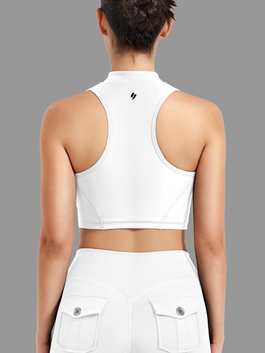 imageYEOREO CoreFlex Women Zipper Tank Top Workout Racerback Sleeveless Gym Fitted Collar Top Mock Pocket Crop Fitness Summer VestWhite