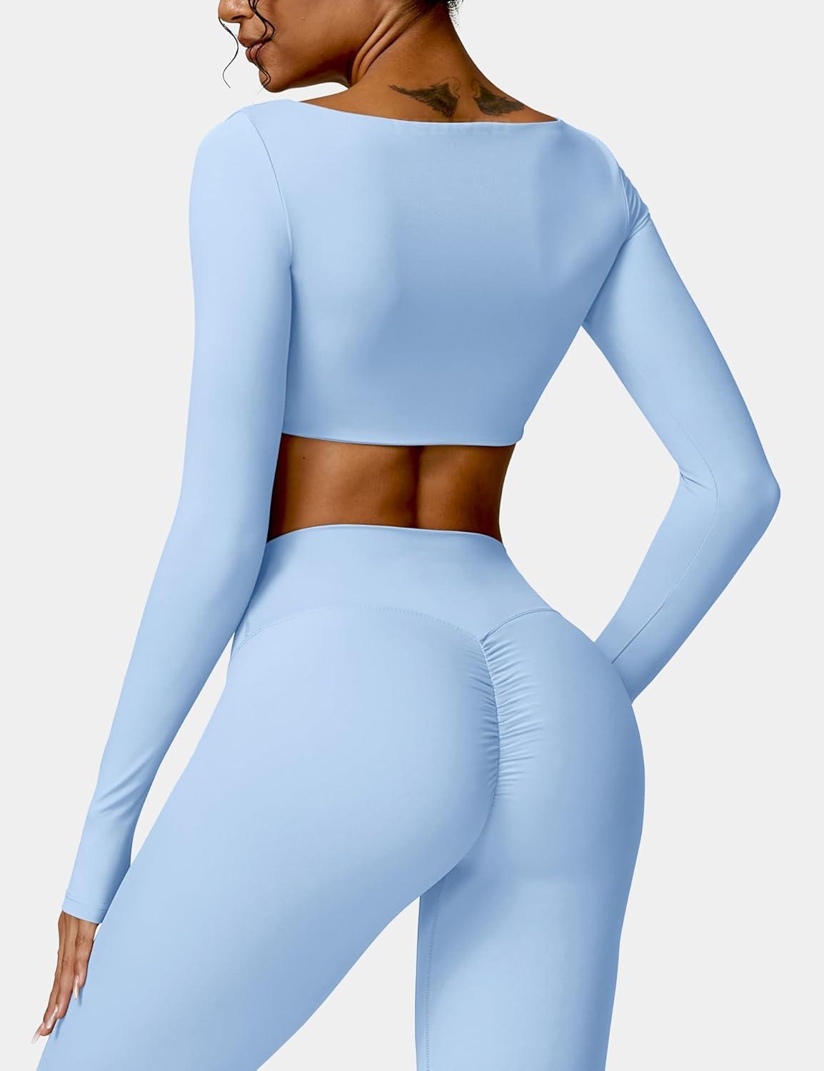 imageYEOREO Kyla Women Crop Top Long Sleeve Padded Sports Low Medium Impact Yoga Shirt WorkoutBaby Blue
