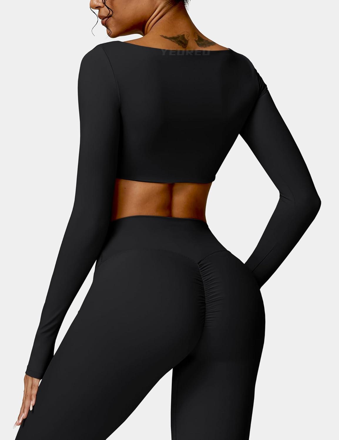 imageYEOREO Kyla Women Crop Top Long Sleeve Padded Sports Low Medium Impact Yoga Shirt WorkoutBlack