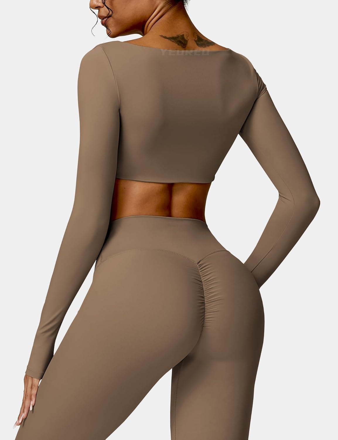 imageYEOREO Kyla Women Crop Top Long Sleeve Padded Sports Low Medium Impact Yoga Shirt WorkoutBrown