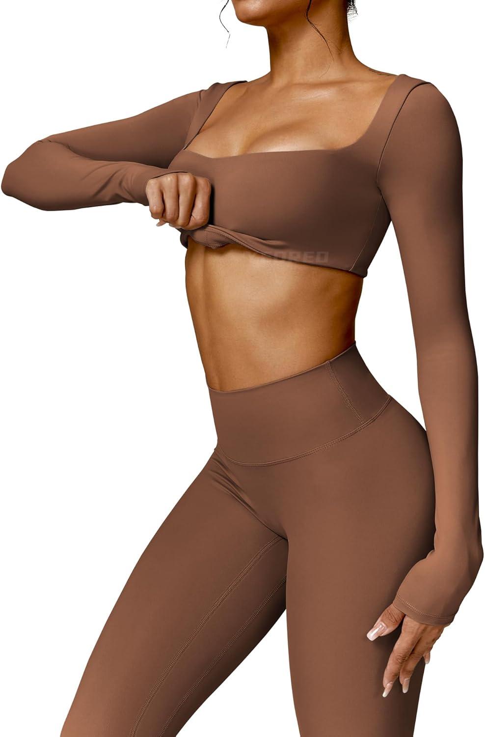 imageYEOREO Kyla Women Crop Top Long Sleeve Padded Sports Low Medium Impact Yoga Shirt WorkoutCoffee