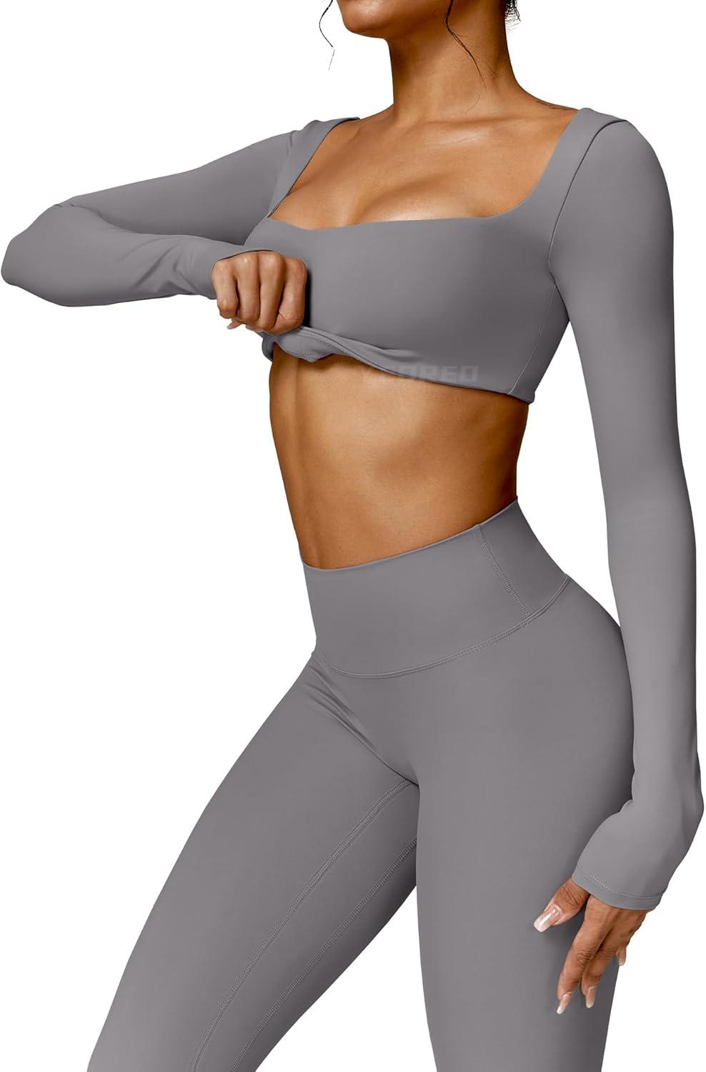 imageYEOREO Kyla Women Crop Top Long Sleeve Padded Sports Low Medium Impact Yoga Shirt WorkoutGrey