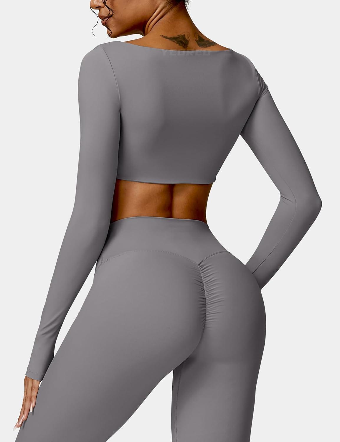 imageYEOREO Kyla Women Crop Top Long Sleeve Padded Sports Low Medium Impact Yoga Shirt WorkoutGrey