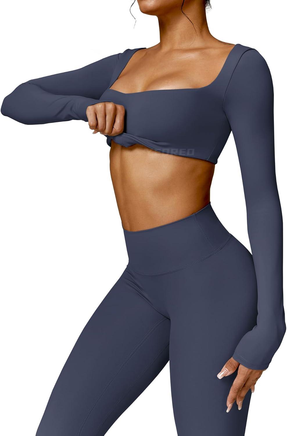 imageYEOREO Kyla Women Crop Top Long Sleeve Padded Sports Low Medium Impact Yoga Shirt WorkoutNavy