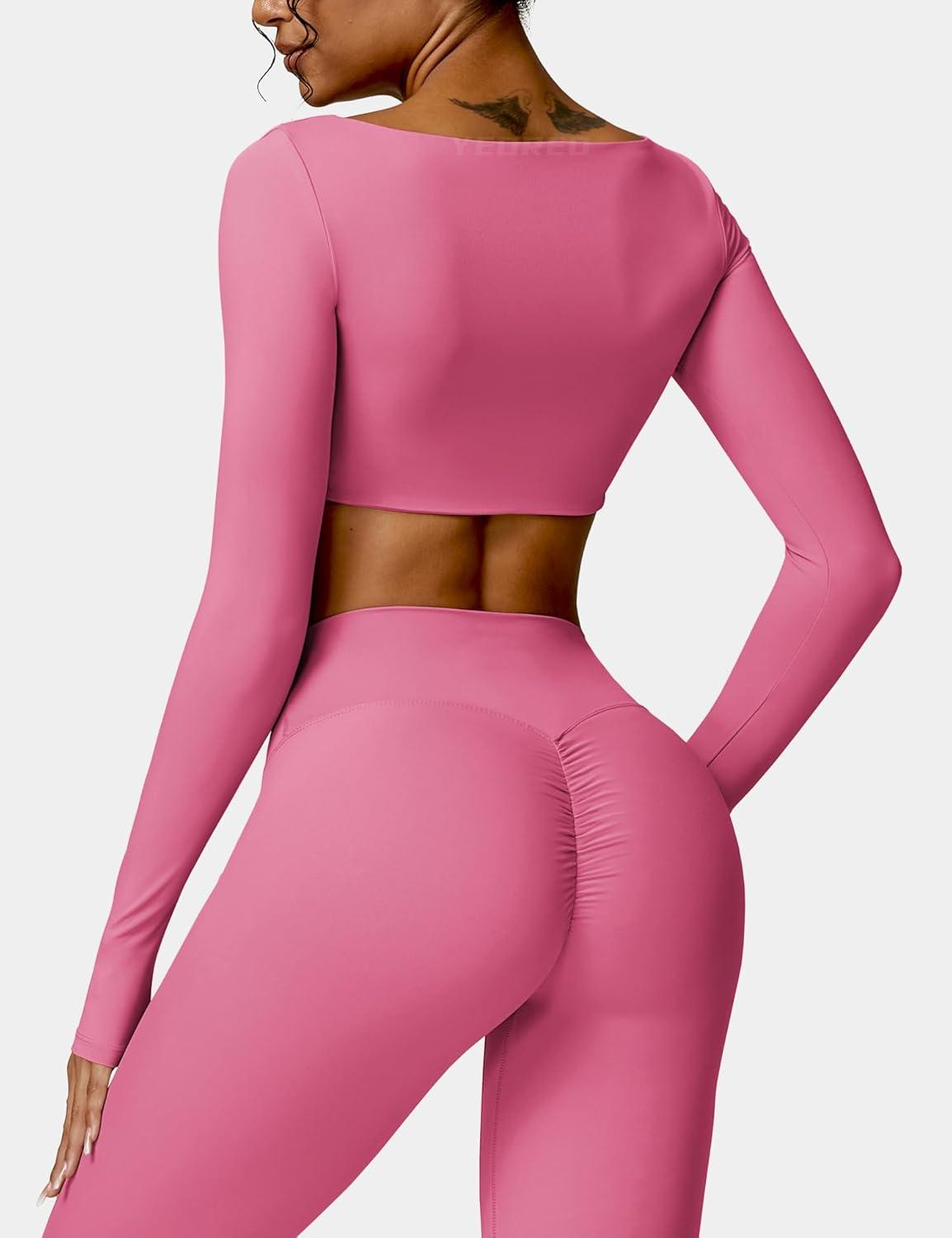 imageYEOREO Kyla Women Crop Top Long Sleeve Padded Sports Low Medium Impact Yoga Shirt WorkoutPink