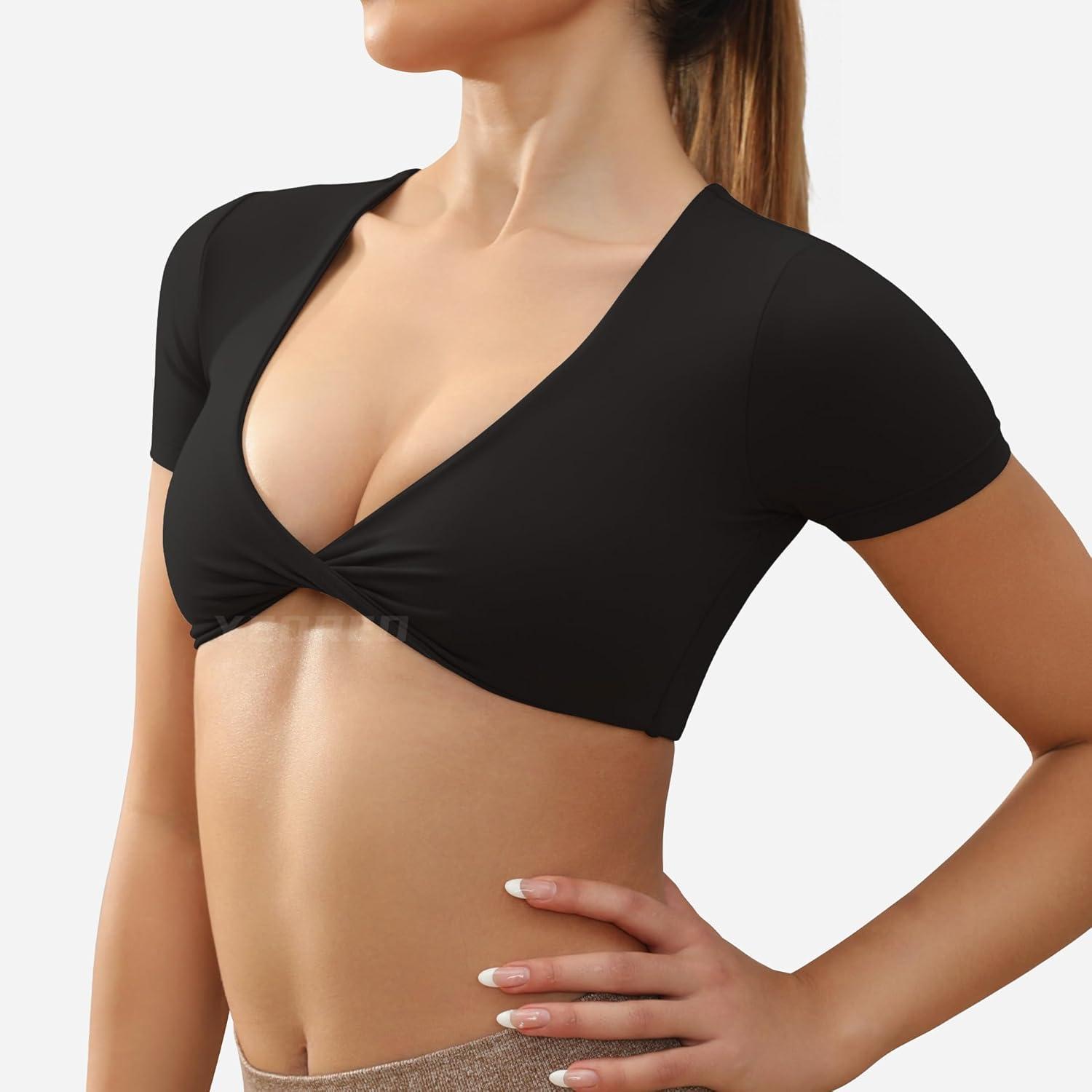 imageYEOREO Kyla Workout Crop Tops for Women Short Sleeve Twist Front Crop Tank Top Padded Sports Bra Casual ShirtsBlack