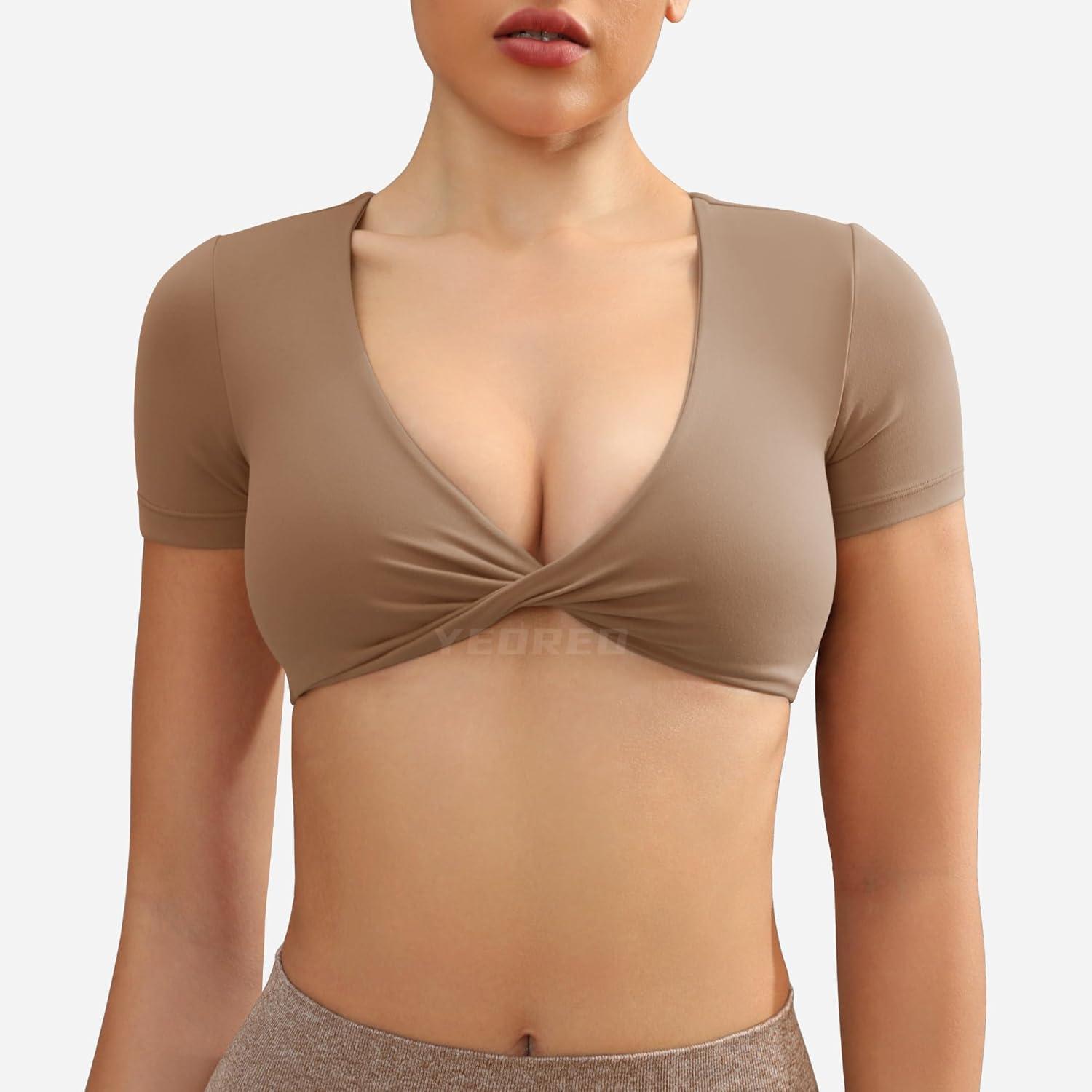 imageYEOREO Kyla Workout Crop Tops for Women Short Sleeve Twist Front Crop Tank Top Padded Sports Bra Casual ShirtsBrown