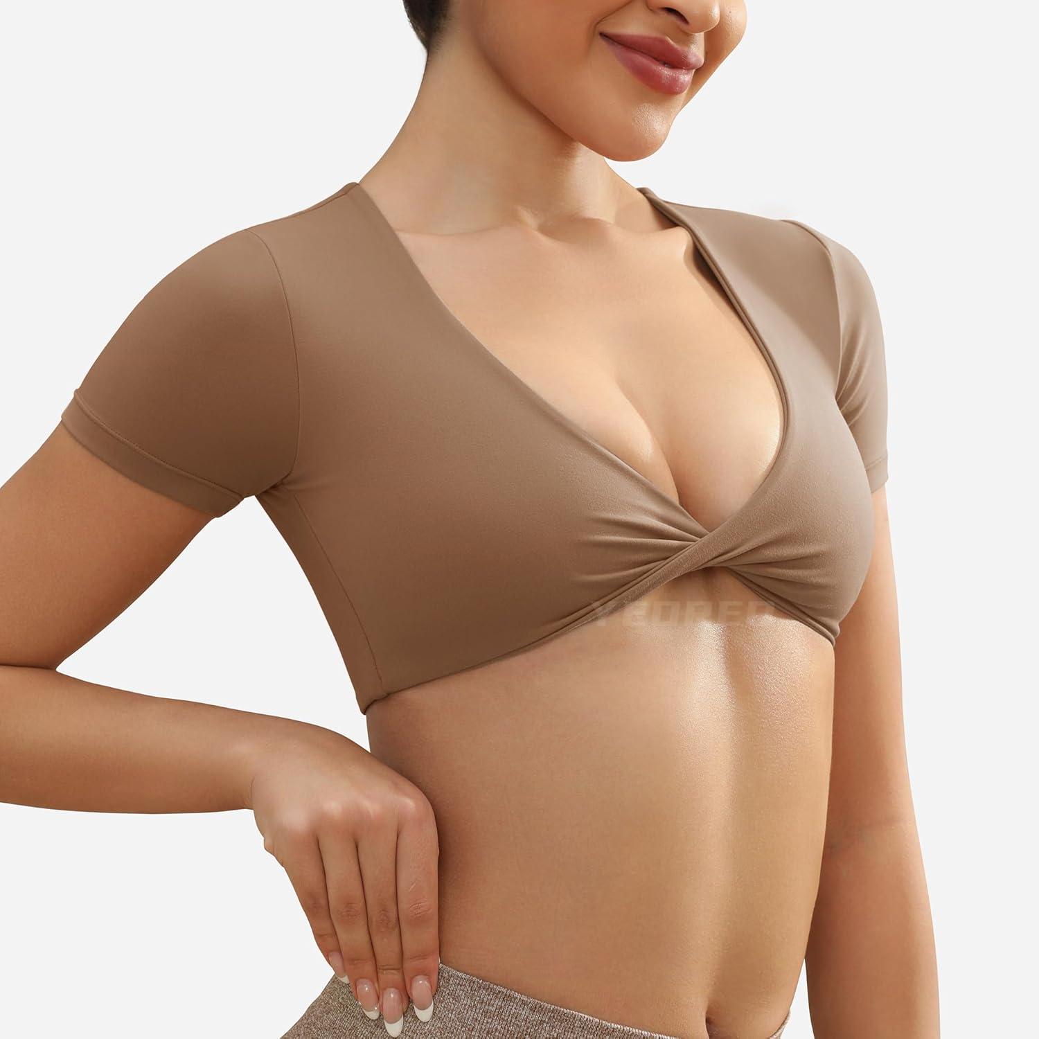 imageYEOREO Kyla Workout Crop Tops for Women Short Sleeve Twist Front Crop Tank Top Padded Sports Bra Casual ShirtsBrown