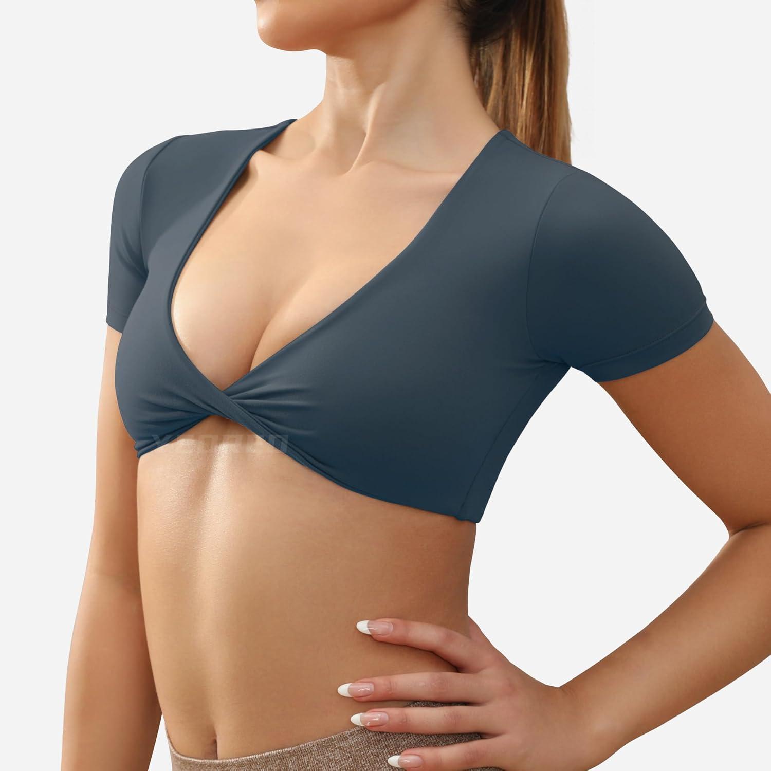 imageYEOREO Kyla Workout Crop Tops for Women Short Sleeve Twist Front Crop Tank Top Padded Sports Bra Casual ShirtsDark Blue Green