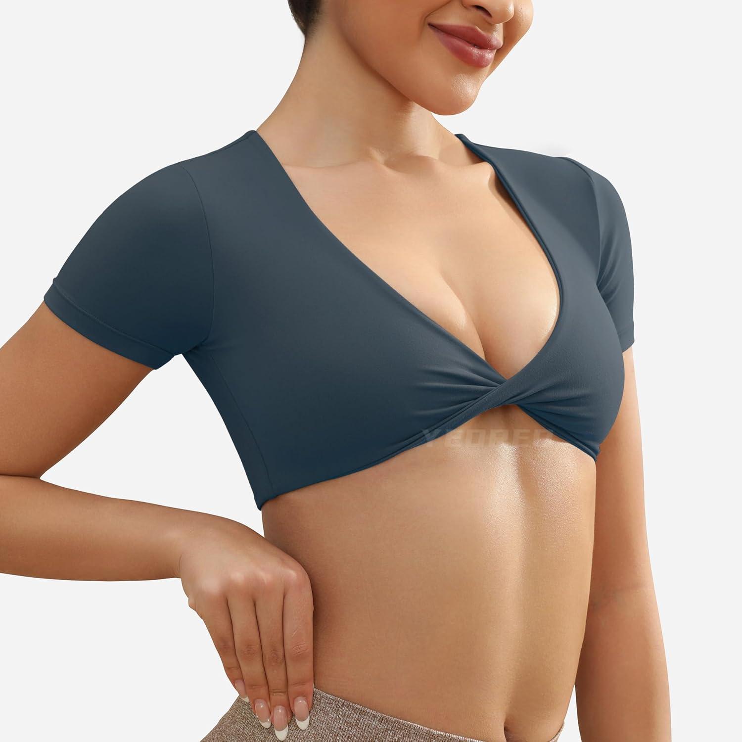 imageYEOREO Kyla Workout Crop Tops for Women Short Sleeve Twist Front Crop Tank Top Padded Sports Bra Casual ShirtsDark Blue Green