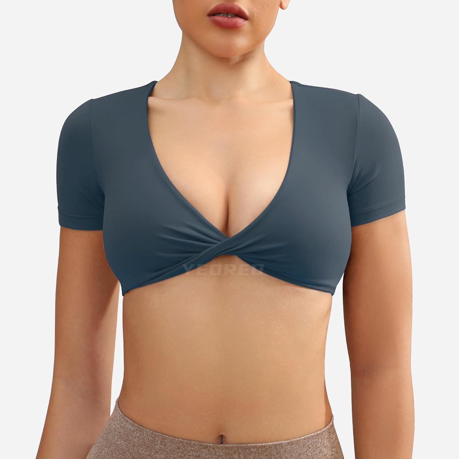 imageYEOREO Kyla Workout Crop Tops for Women Short Sleeve Twist Front Crop Tank Top Padded Sports Bra Casual ShirtsDark Blue Green