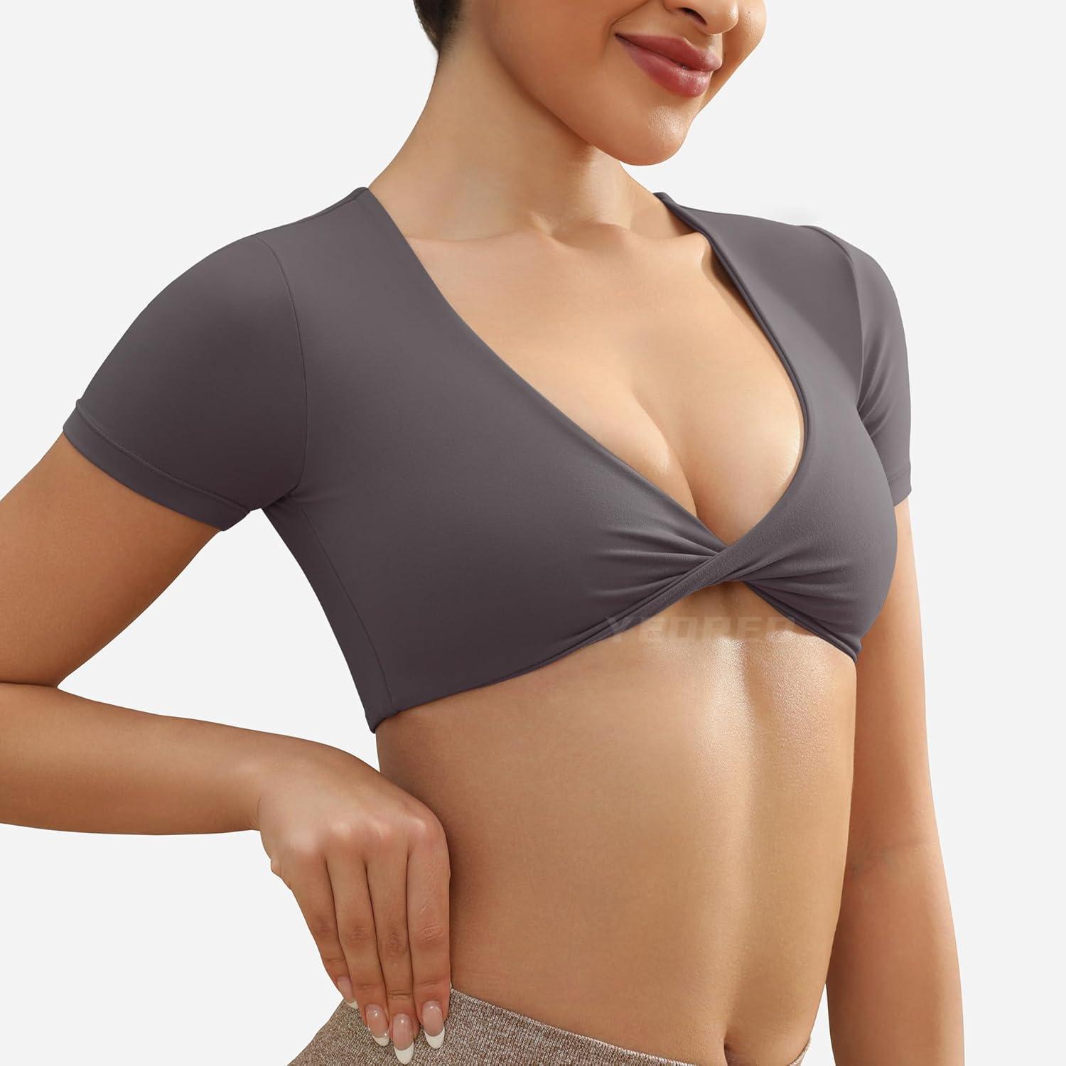 imageYEOREO Kyla Workout Crop Tops for Women Short Sleeve Twist Front Crop Tank Top Padded Sports Bra Casual ShirtsDark Grey