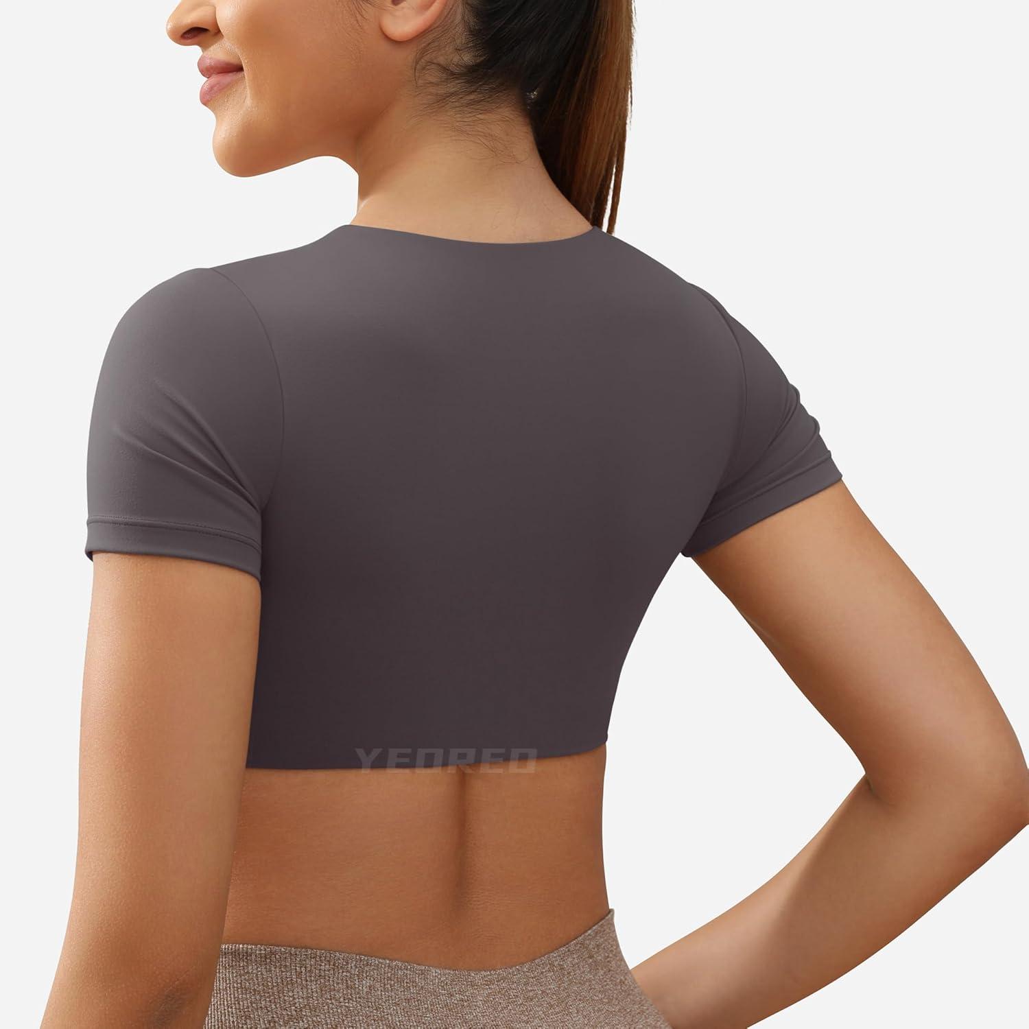 imageYEOREO Kyla Workout Crop Tops for Women Short Sleeve Twist Front Crop Tank Top Padded Sports Bra Casual ShirtsDark Grey