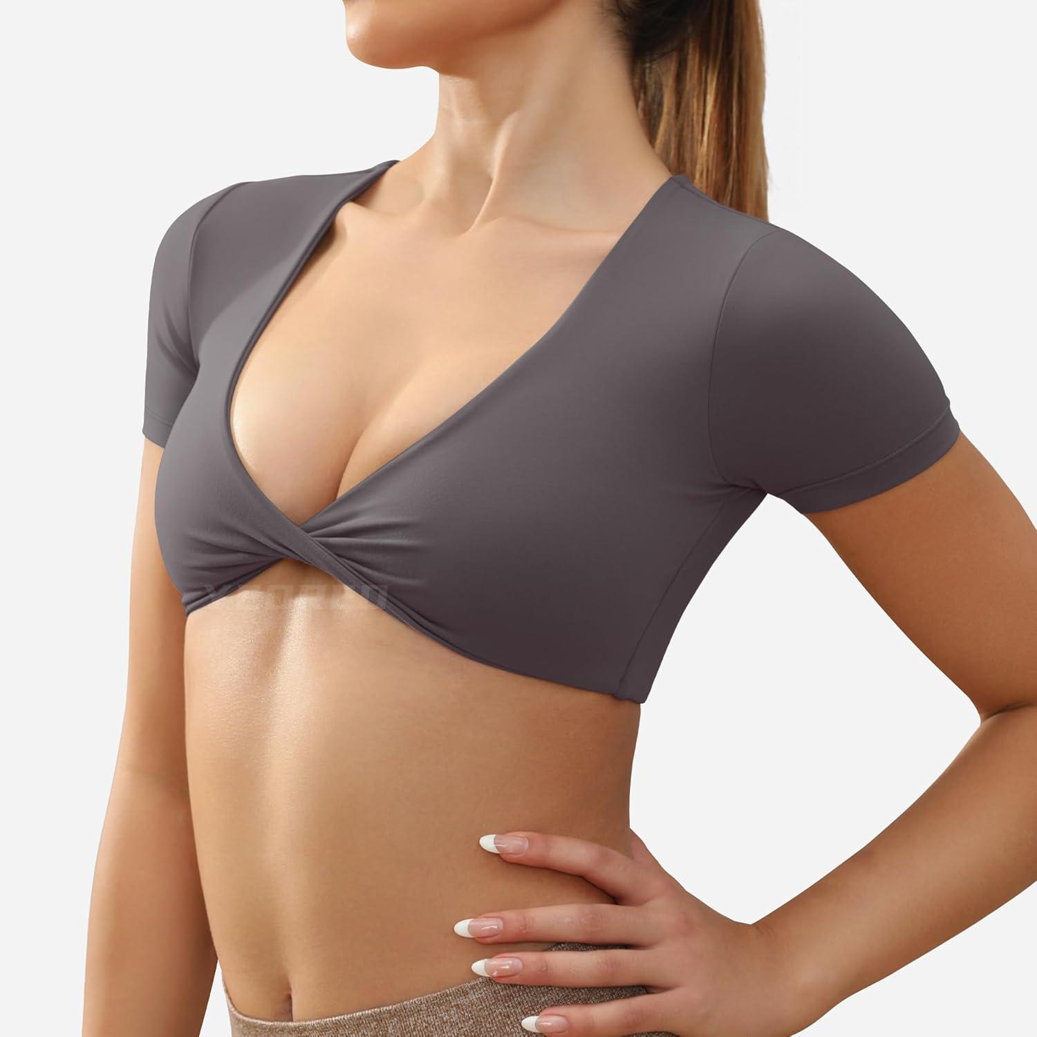 imageYEOREO Kyla Workout Crop Tops for Women Short Sleeve Twist Front Crop Tank Top Padded Sports Bra Casual ShirtsDark Grey