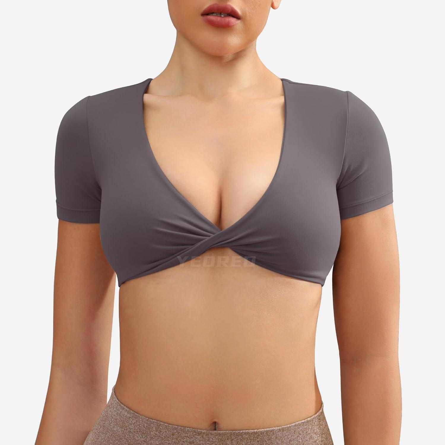 imageYEOREO Kyla Workout Crop Tops for Women Short Sleeve Twist Front Crop Tank Top Padded Sports Bra Casual ShirtsDark Grey