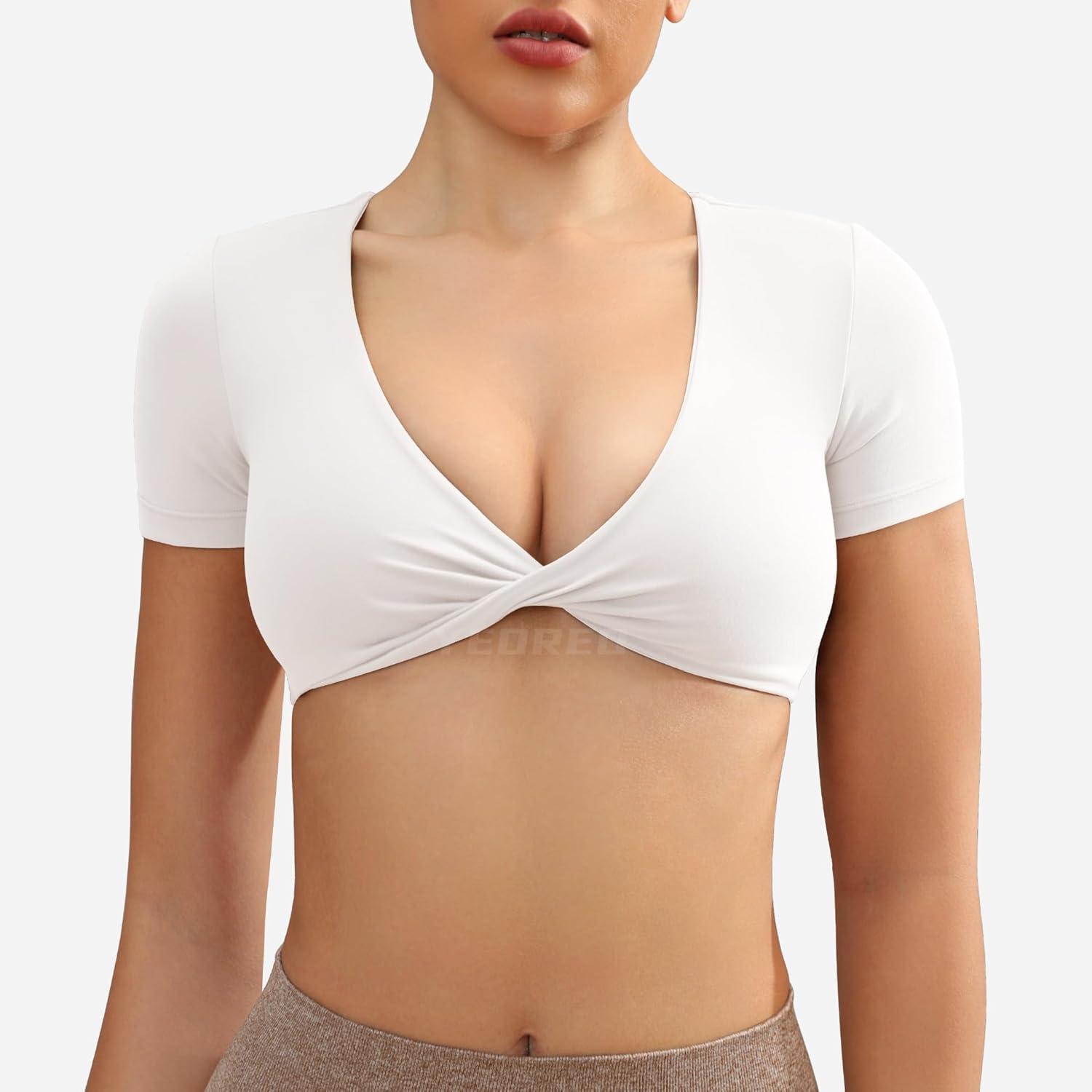 imageYEOREO Kyla Workout Crop Tops for Women Short Sleeve Twist Front Crop Tank Top Padded Sports Bra Casual ShirtsMilk White