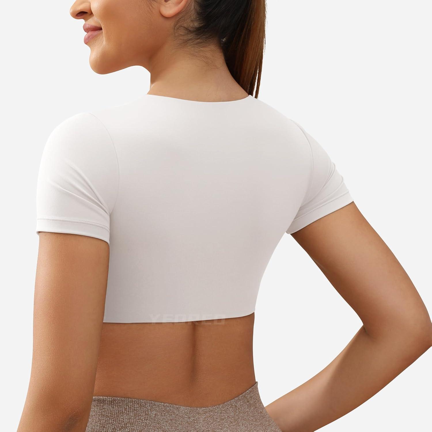 imageYEOREO Kyla Workout Crop Tops for Women Short Sleeve Twist Front Crop Tank Top Padded Sports Bra Casual ShirtsMilk White