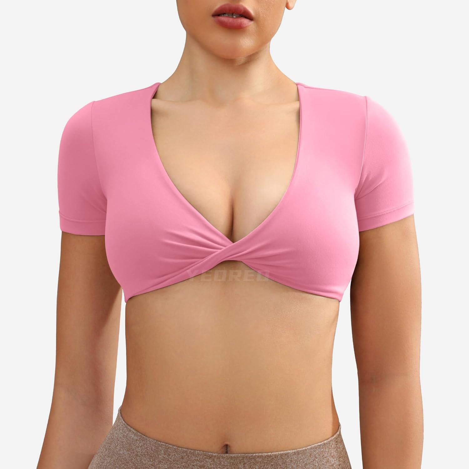 imageYEOREO Kyla Workout Crop Tops for Women Short Sleeve Twist Front Crop Tank Top Padded Sports Bra Casual ShirtsPink