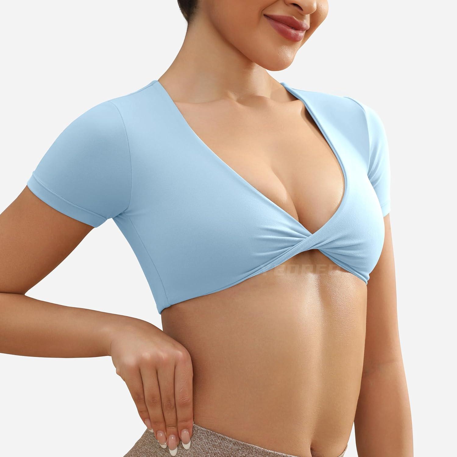 imageYEOREO Kyla Workout Crop Tops for Women Short Sleeve Twist Front Crop Tank Top Padded Sports Bra Casual ShirtsSky Blue