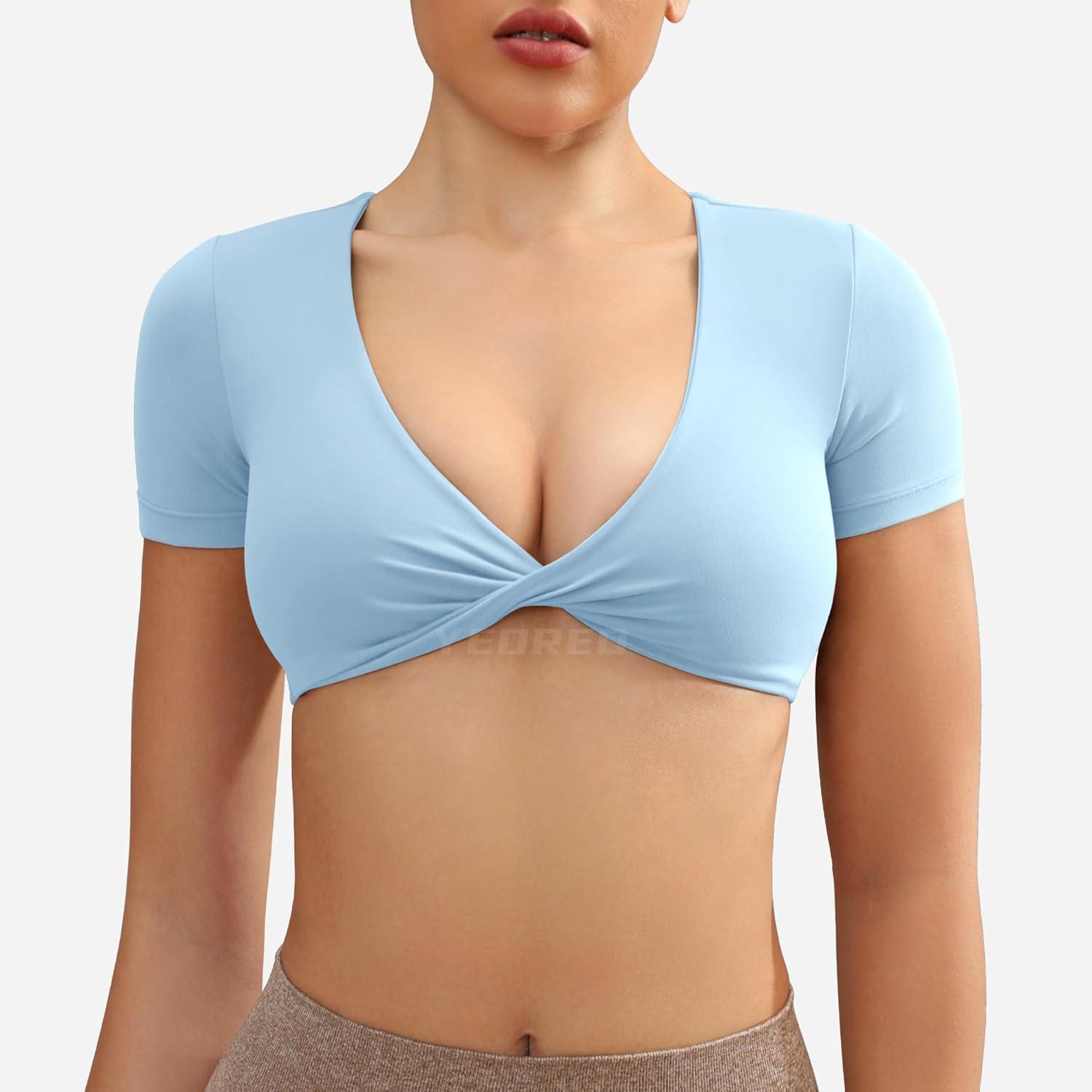 imageYEOREO Kyla Workout Crop Tops for Women Short Sleeve Twist Front Crop Tank Top Padded Sports Bra Casual ShirtsSky Blue
