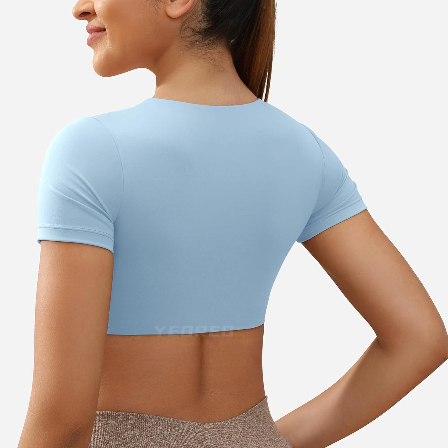 imageYEOREO Kyla Workout Crop Tops for Women Short Sleeve Twist Front Crop Tank Top Padded Sports Bra Casual ShirtsSky Blue