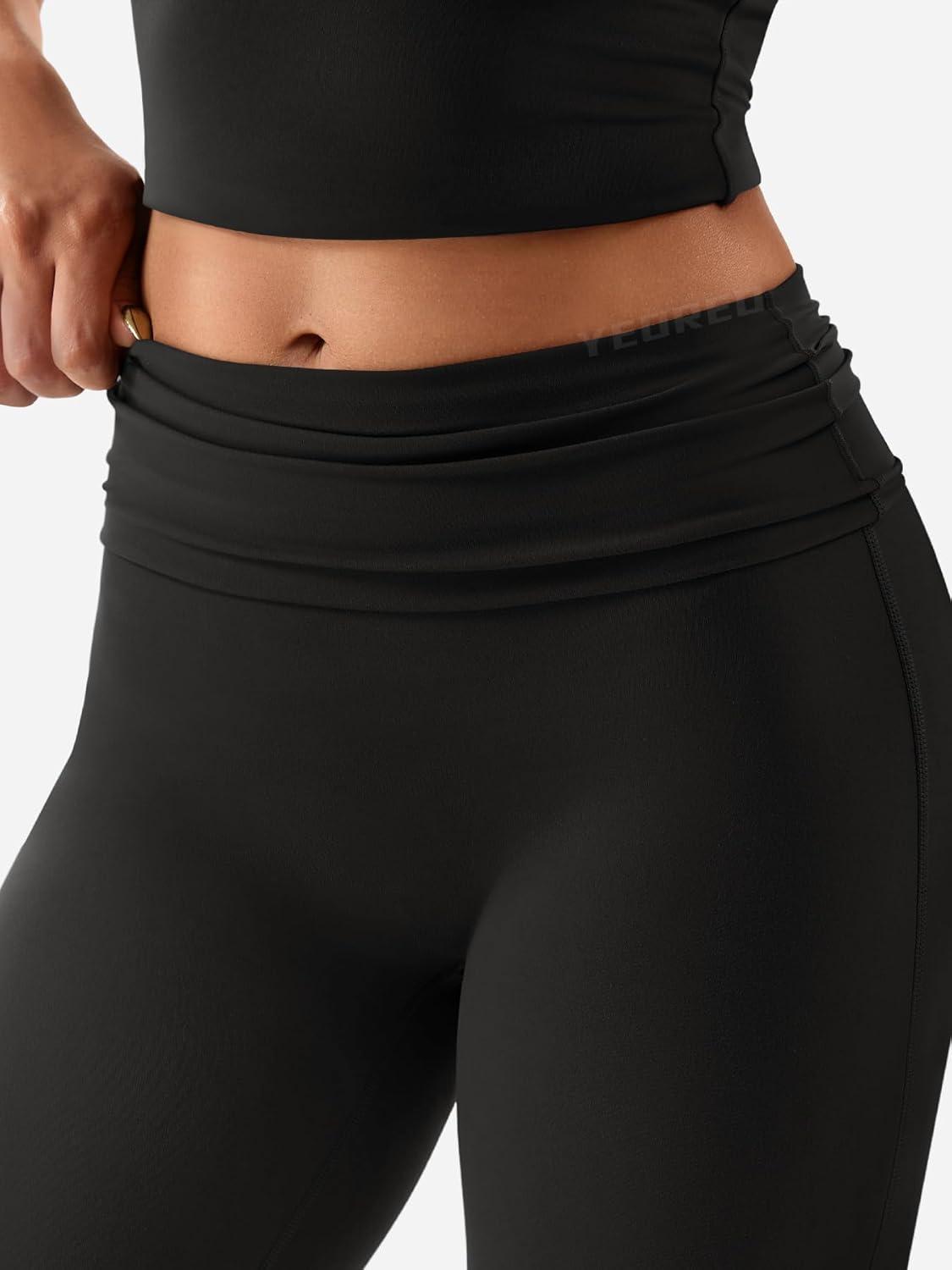 imageYEOREO Romola Women Yoga Pants Flare Leggings with Tummy Control High Waist Fold Over Bootcut Wide Legs Workout LeggingBlack