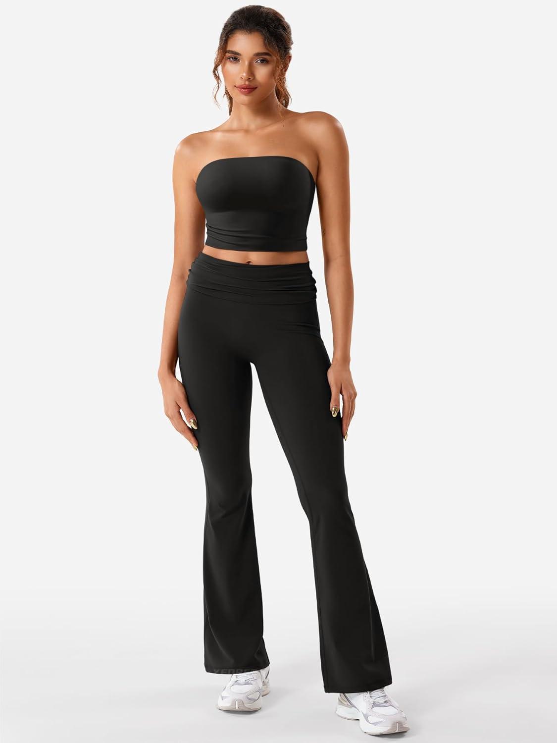 imageYEOREO Romola Women Yoga Pants Flare Leggings with Tummy Control High Waist Fold Over Bootcut Wide Legs Workout LeggingBlack