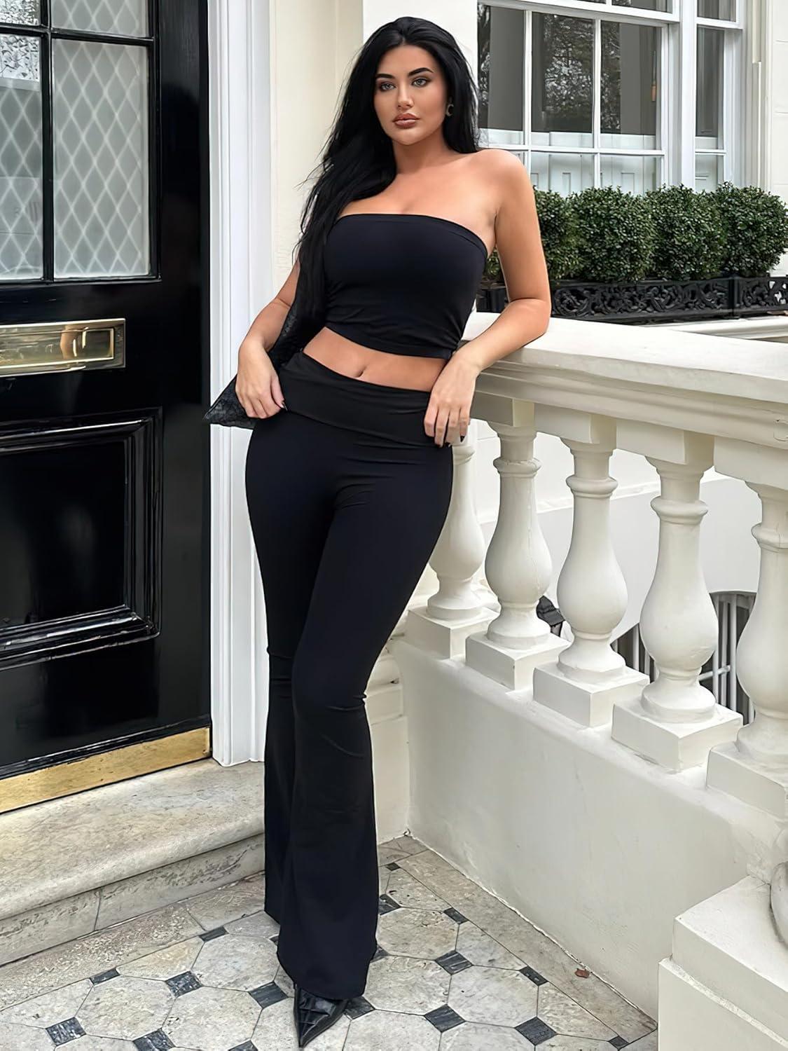 imageYEOREO Romola Women Yoga Pants Flare Leggings with Tummy Control High Waist Fold Over Bootcut Wide Legs Workout LeggingBlack