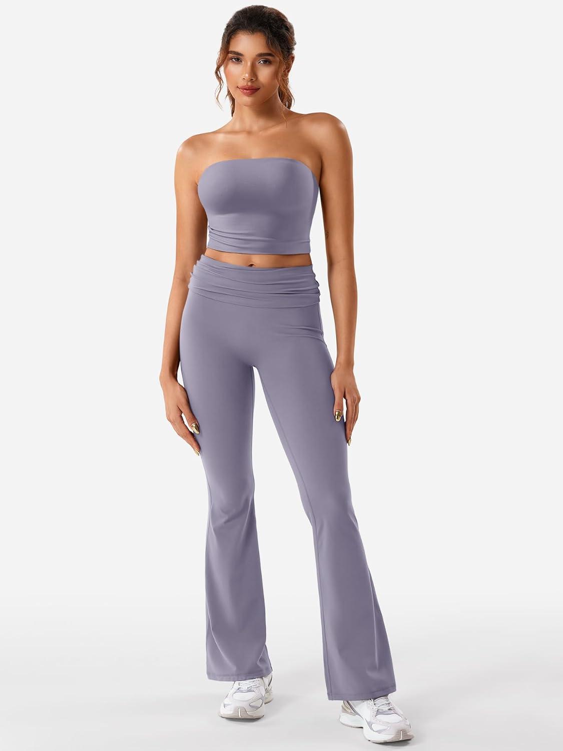 imageYEOREO Romola Women Yoga Pants Flare Leggings with Tummy Control High Waist Fold Over Bootcut Wide Legs Workout LeggingBlue Gray