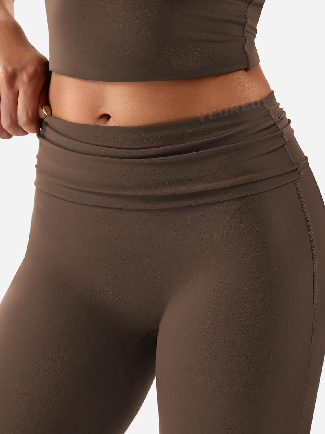 imageYEOREO Romola Women Yoga Pants Flare Leggings with Tummy Control High Waist Fold Over Bootcut Wide Legs Workout LeggingCoffee
