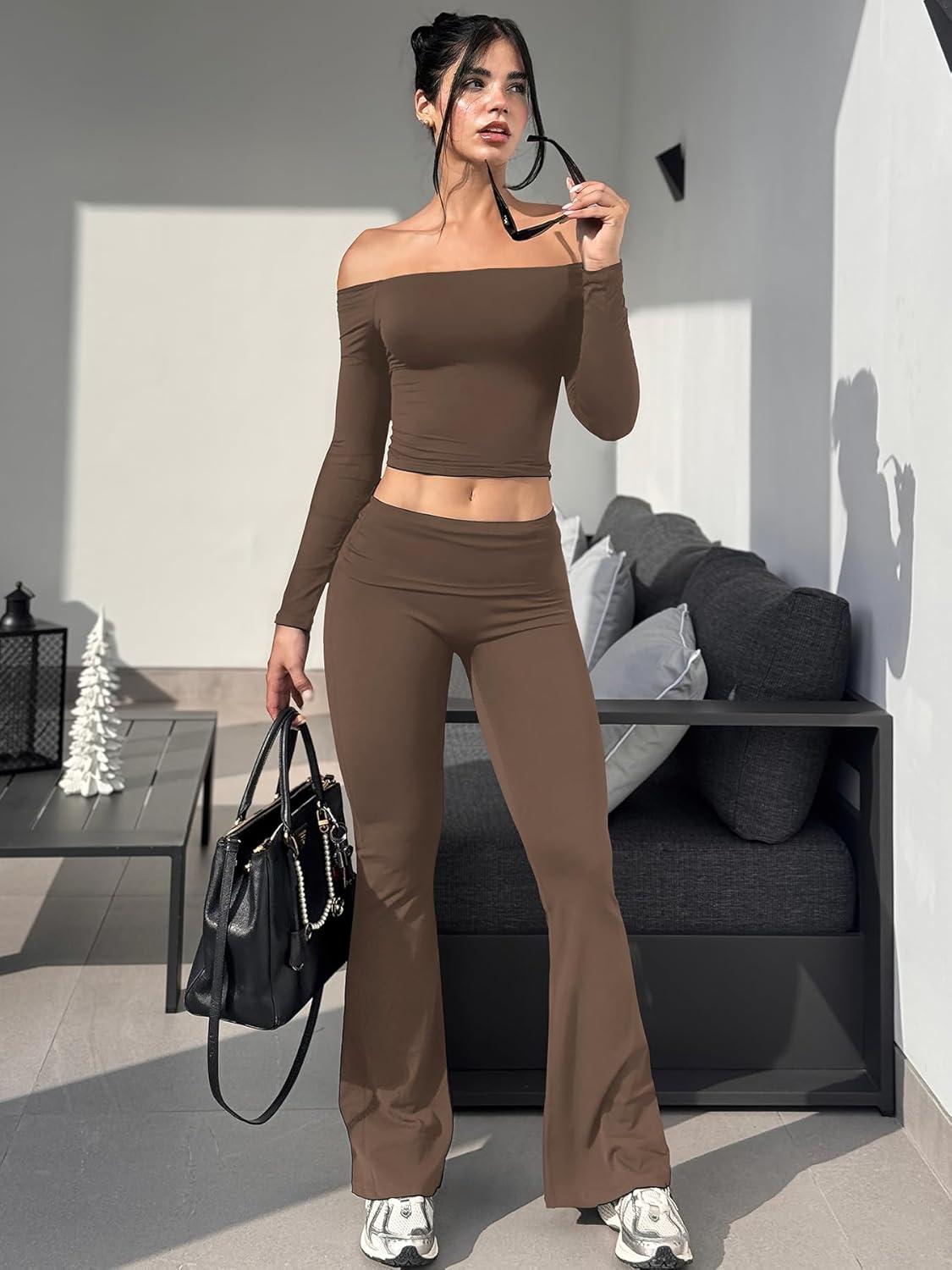 imageYEOREO Romola Women Yoga Pants Flare Leggings with Tummy Control High Waist Fold Over Bootcut Wide Legs Workout LeggingCoffee