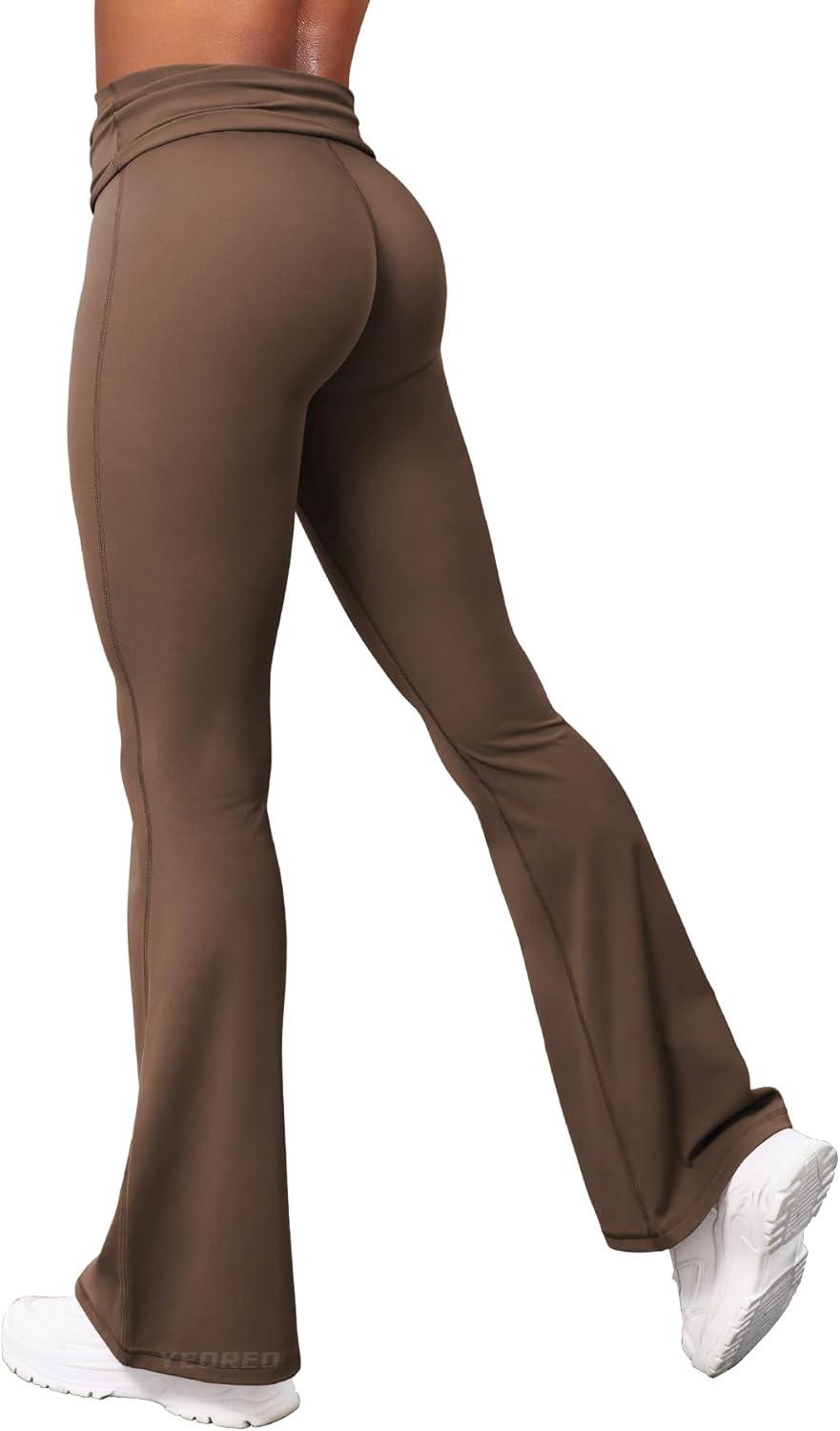 imageYEOREO Romola Women Yoga Pants Flare Leggings with Tummy Control High Waist Fold Over Bootcut Wide Legs Workout LeggingCoffee
