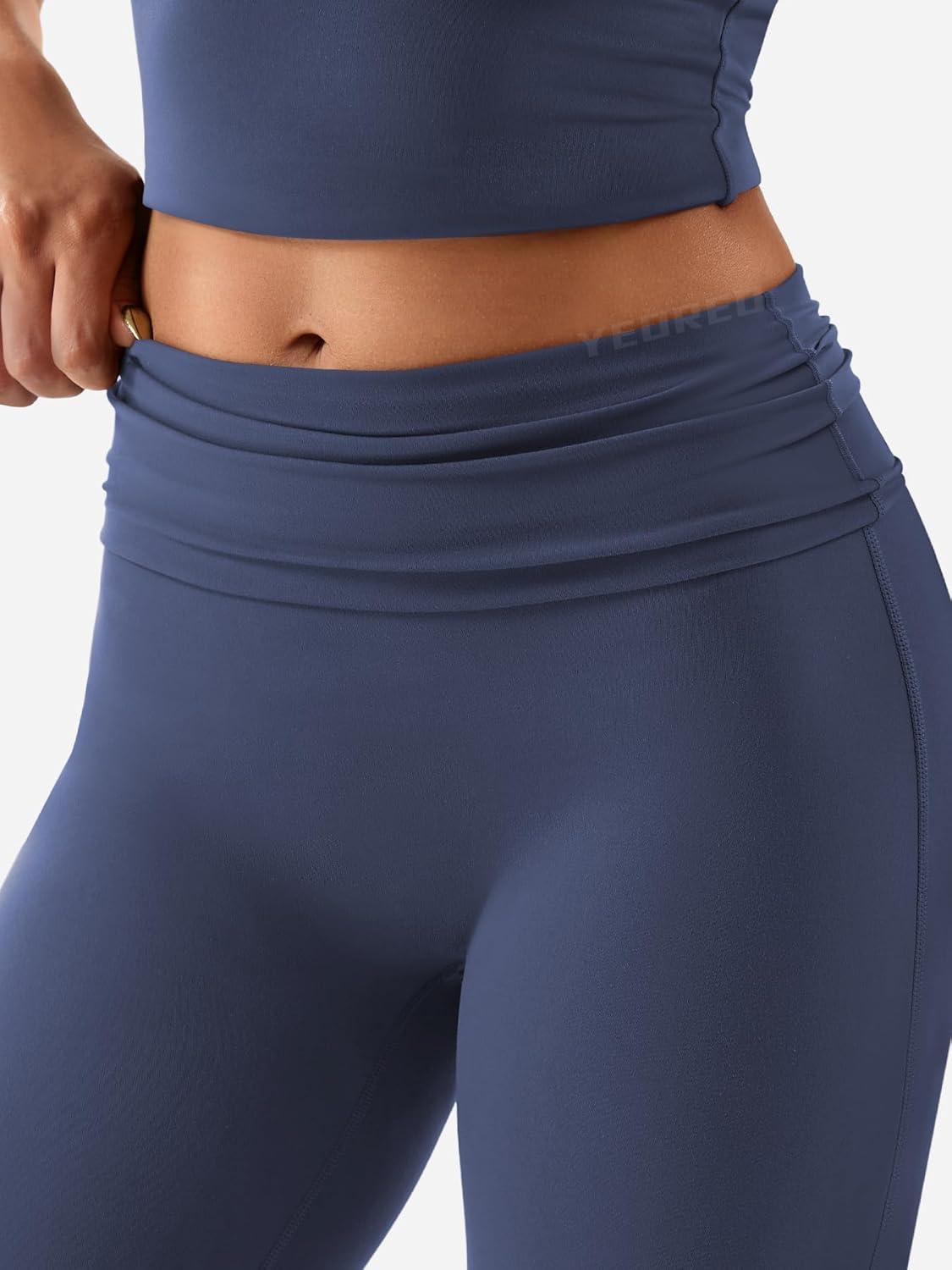 imageYEOREO Romola Women Yoga Pants Flare Leggings with Tummy Control High Waist Fold Over Bootcut Wide Legs Workout LeggingNavy Blue