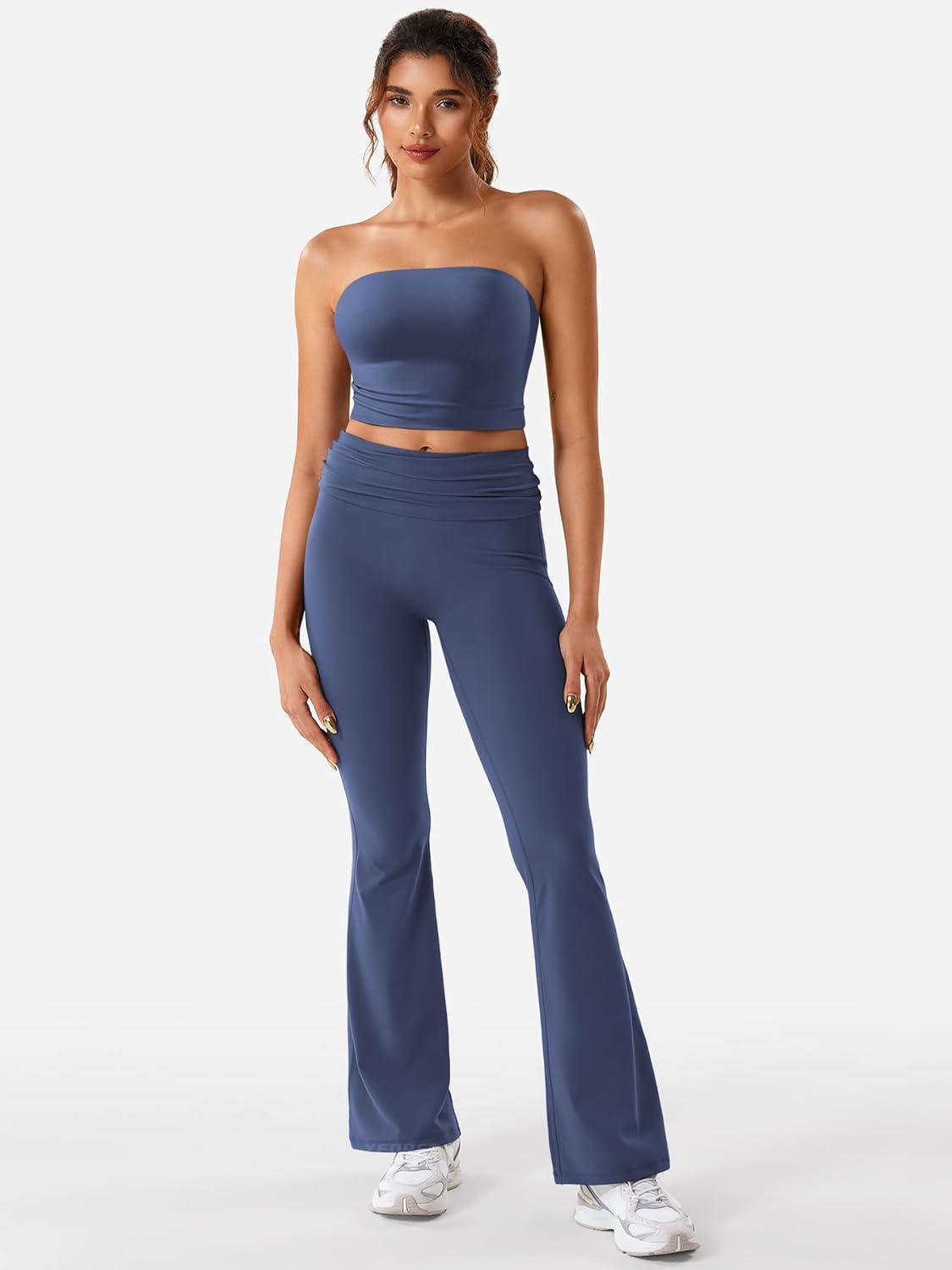 imageYEOREO Romola Women Yoga Pants Flare Leggings with Tummy Control High Waist Fold Over Bootcut Wide Legs Workout LeggingNavy Blue